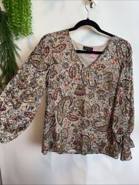 1. State Beige Paisley V-Neck Long Sleeve Blouse